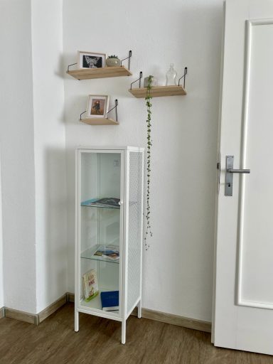 offener Schrank im Wohnzimmer, weiß, Bücher, drei Regale, Pflanze, weiße Holztür